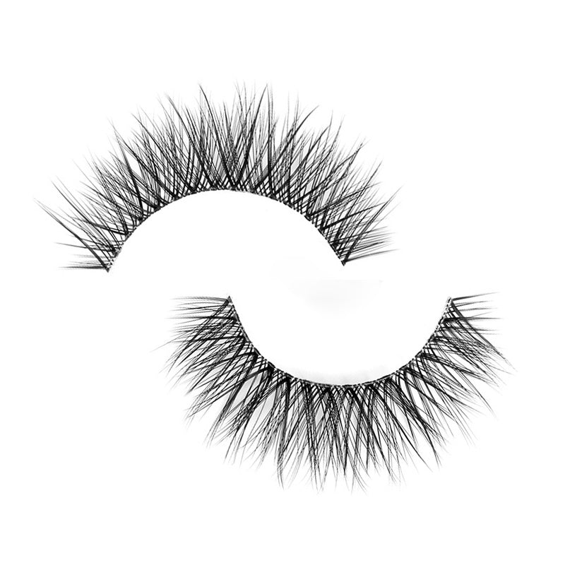 Suntarah Beauty 3D Ultra Light Synthetic false strip lash in style SL-334.  Lash has wispy criss-crossed fibres, medium volume, a round shape, and a thin clear band.  It is flat against a white backdrop.